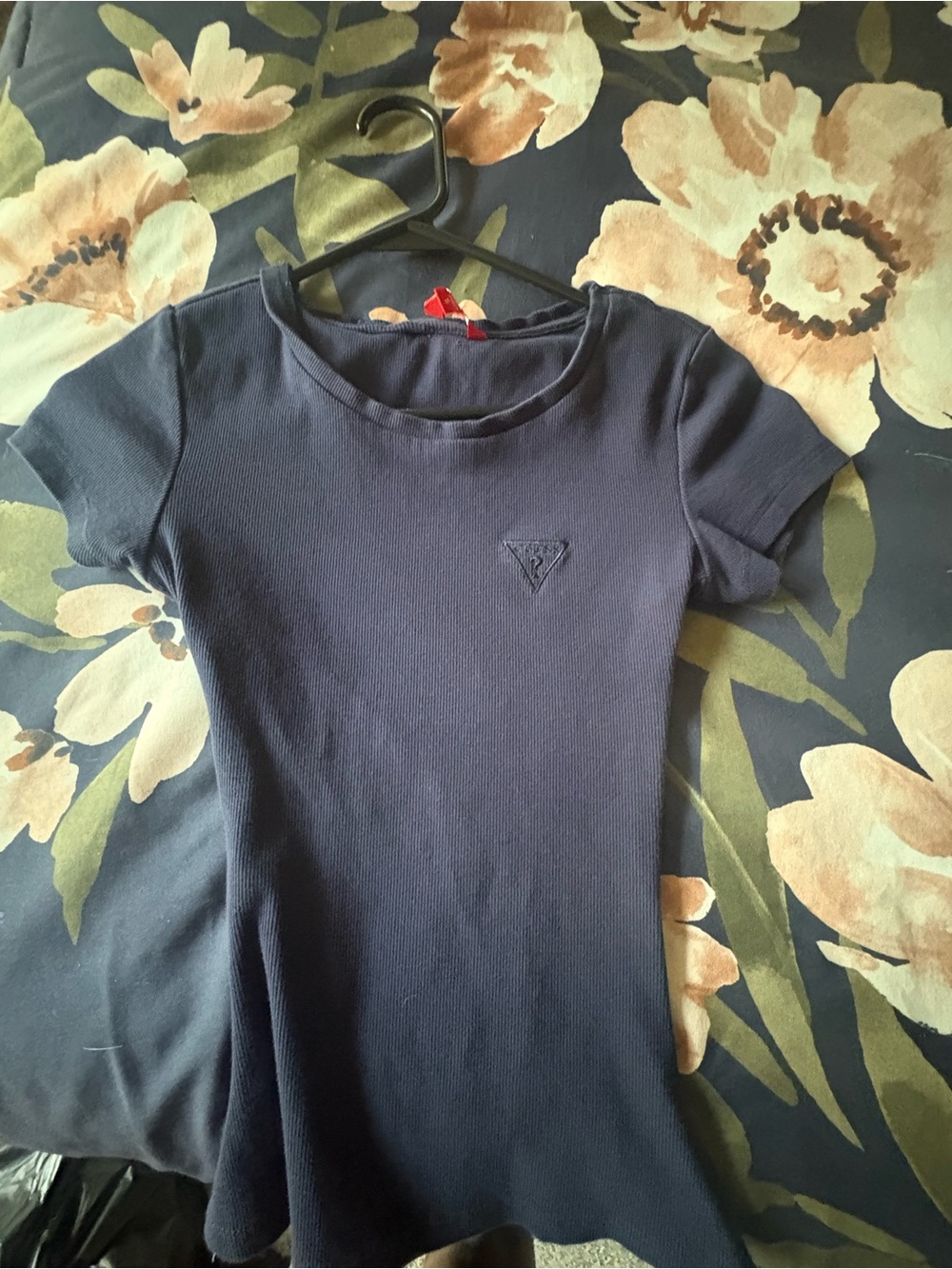 Guess Navy Short Sleeve Ribbed Tee with Triangle Logo
